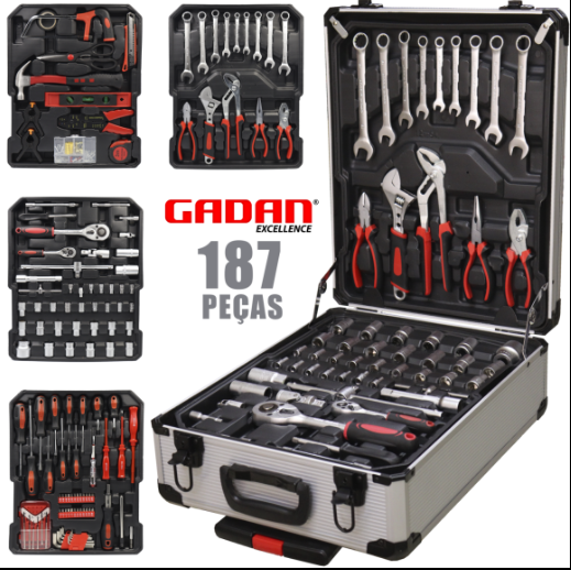 MALETA DE FERRAMENTAS COM 187 PEÇAS PROFISSIONAL - GADAN