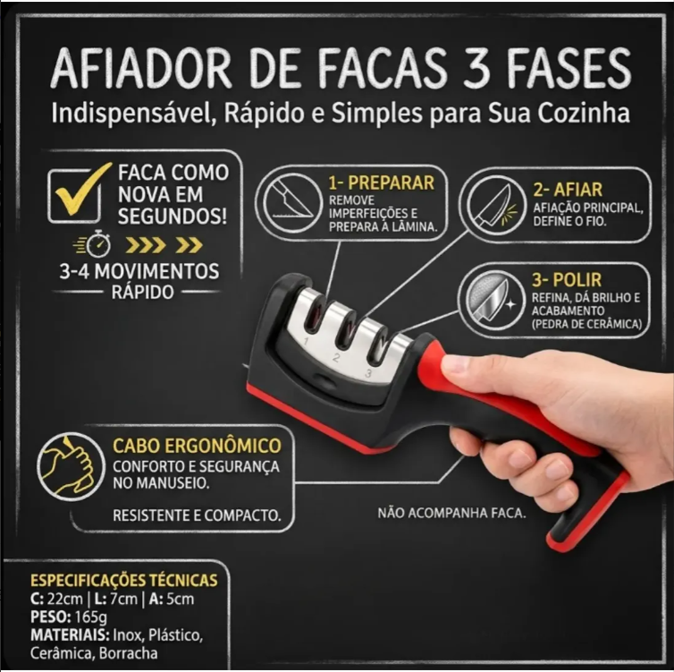 AFIADOR DE FACAS PROFISSIONAL - 3 ESTÁGIOS - GADAN