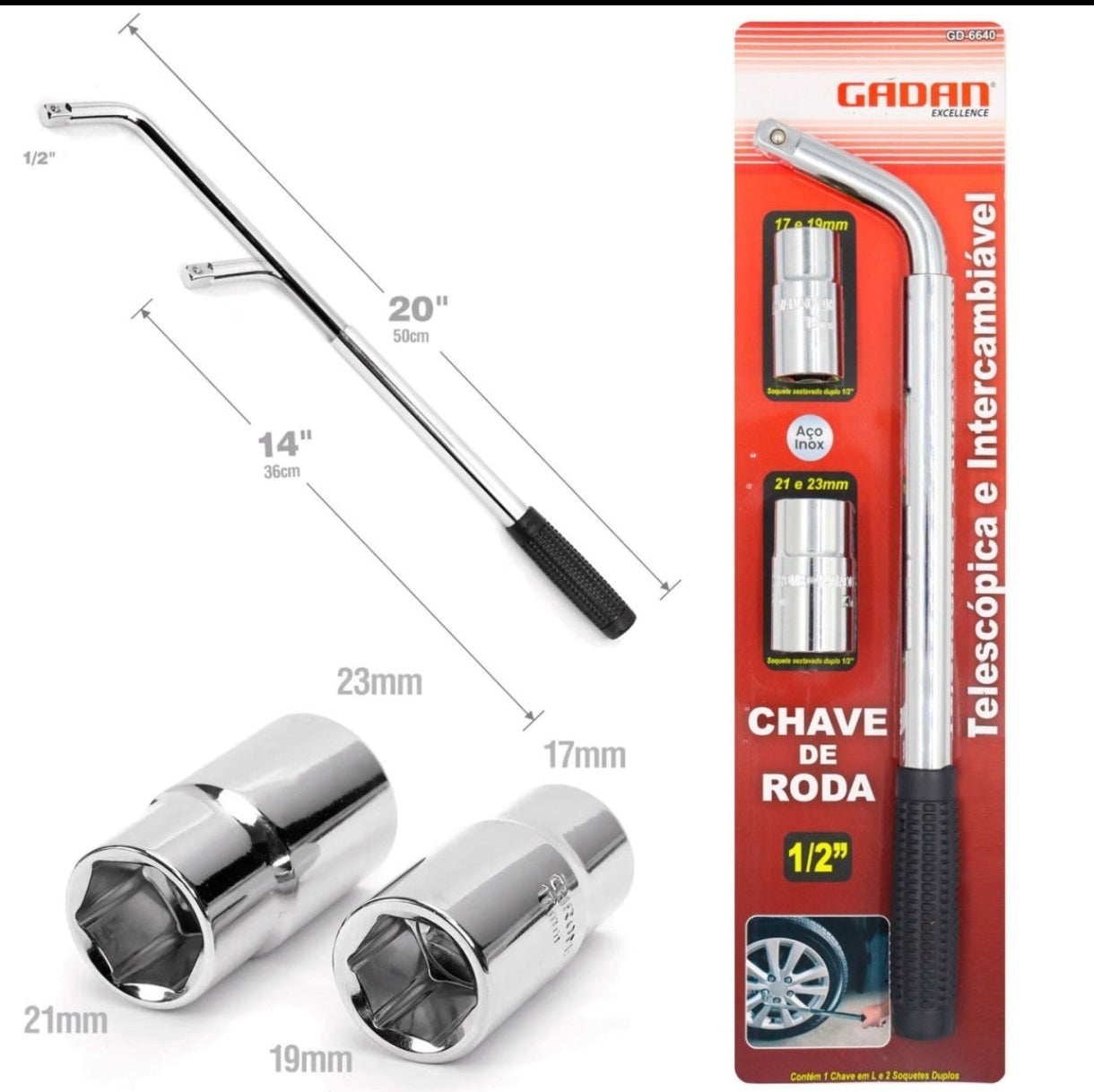 CHAVE DE RODA L TELESCÓPICA PROLONGÁVEL SOQUETE 17-19-21 E 23MM-GADAN
