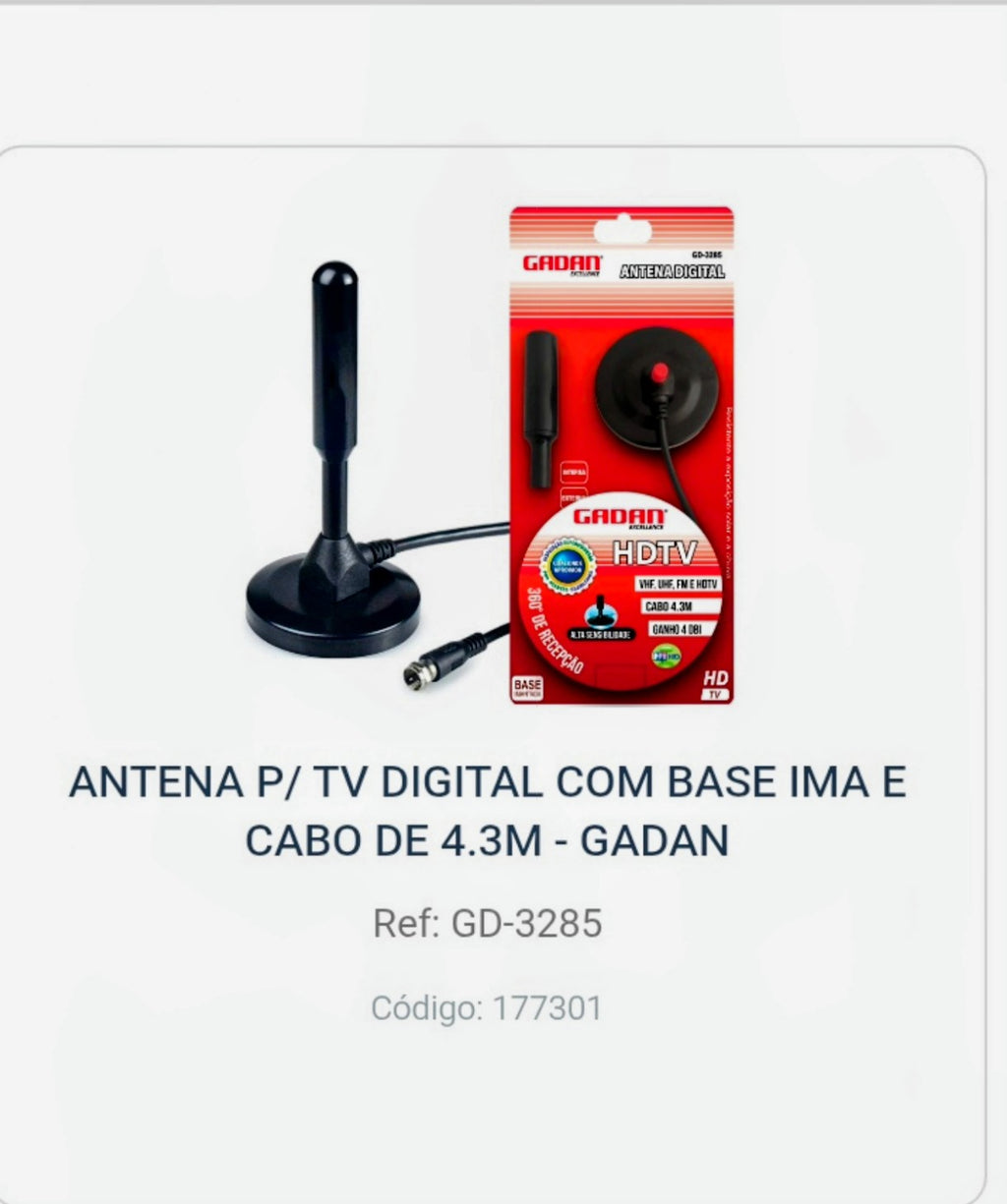 ANTENA P/ TV DIGITAL COM BASE IMÃ E CABO DE 4,3M-GADAN