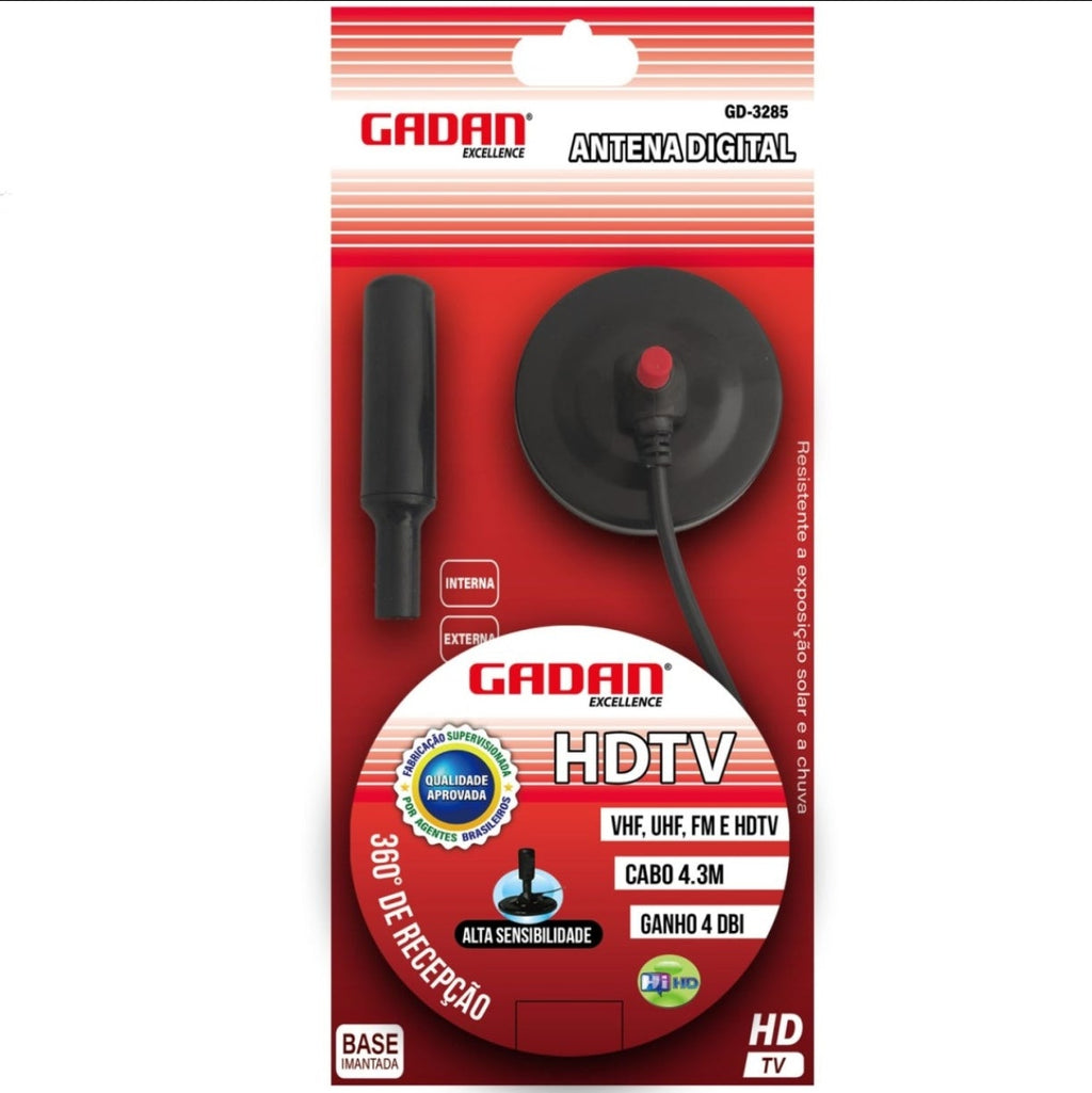 ANTENA P/ TV DIGITAL COM BASE IMÃ E CABO DE 4,3M-GADAN